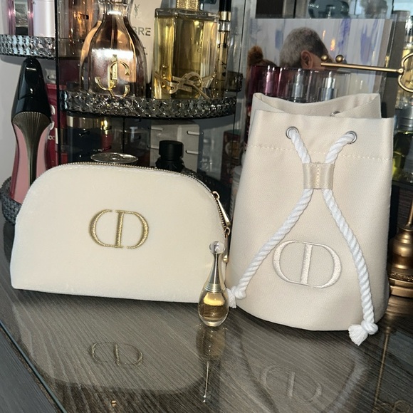 Dior Handbags - Dior Trousse bucket Pouch/ ecru velvet makeup pouch & Mini J’adore Parfume
